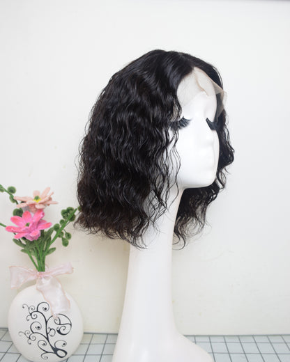 Auspiciouswig Human Hair Lace Front Wigs Natural Black Color Short Curly Bob Hair Lace Wigs