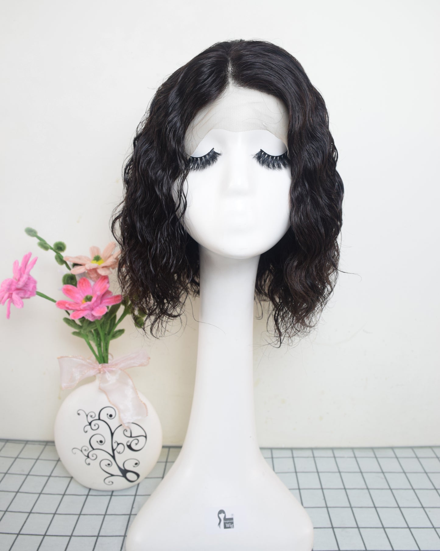 Auspiciouswig Human Hair Lace Front Wigs Natural Black Color Short Curly Bob Hair Lace Wigs