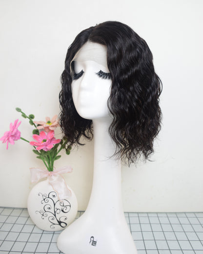 Auspiciouswig Human Hair Lace Front Wigs Natural Black Color Short Curly Bob Hair Lace Wigs