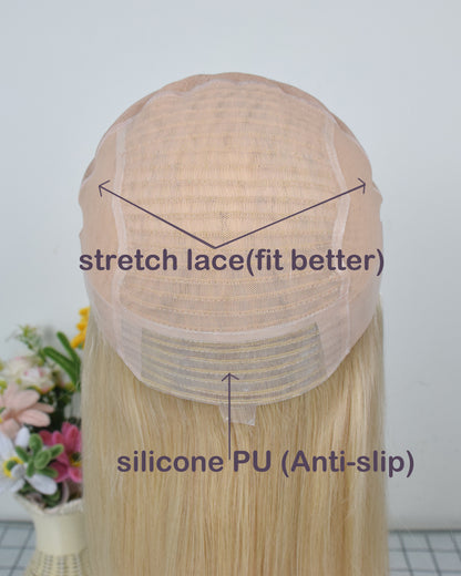 Blonde Human Virgin Hair Medical Wig Fine Mono Top Silicone PU Base Hairsystem For Women