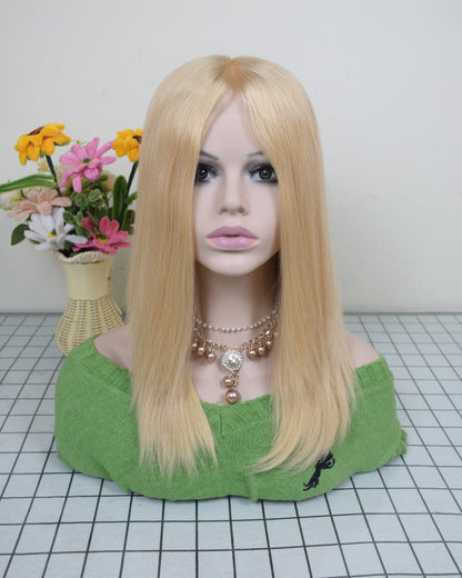 Blonde Human Virgin Hair Medical Wig Fine Mono Top Silicone PU Base Hairsystem For Women