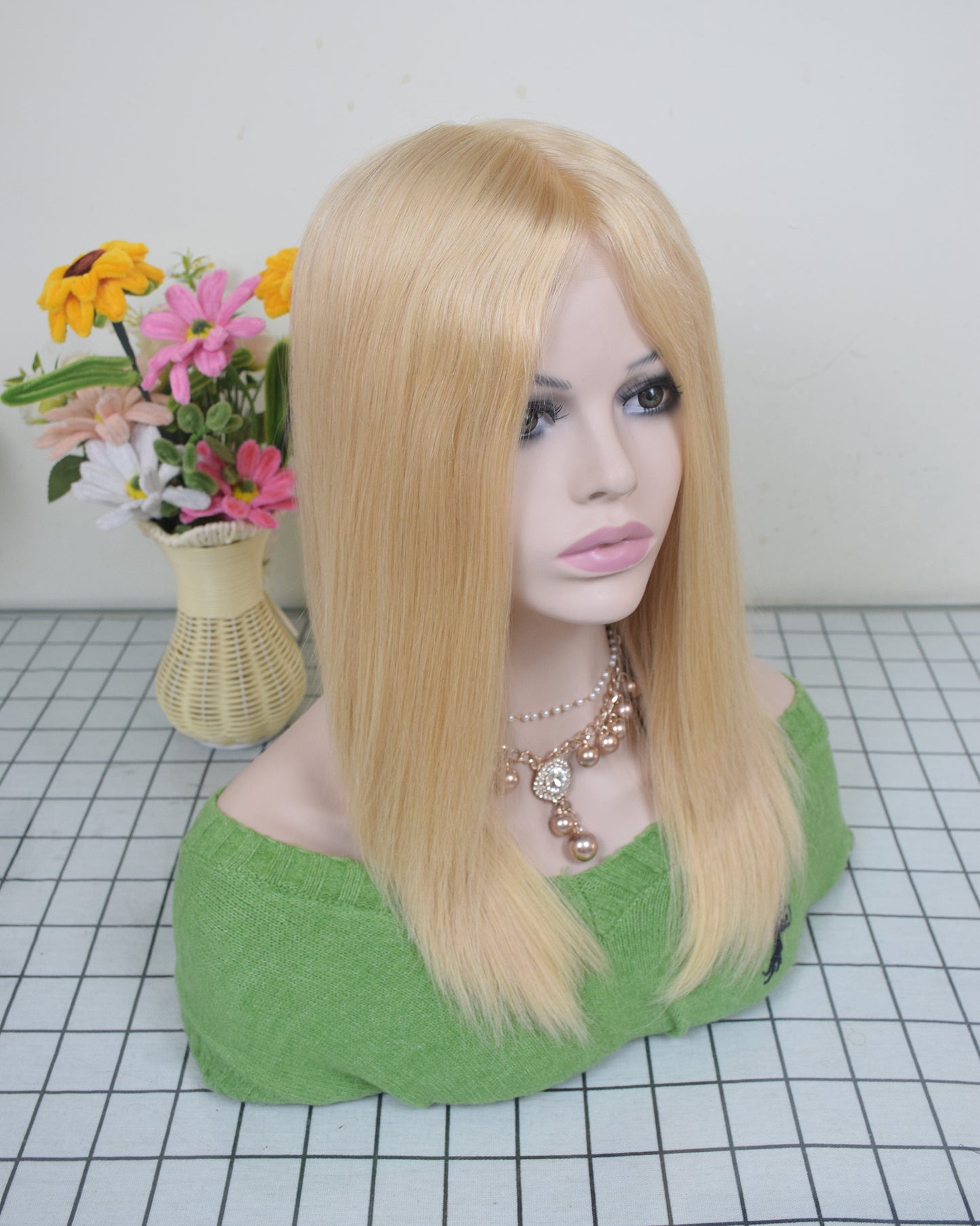 Blonde Human Virgin Hair Medical Wig Fine Mono Top Silicone PU Base Hairsystem For Women