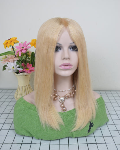 Blonde Human Virgin Hair Medical Wig Fine Mono Top Silicone PU Base Hairsystem For Women