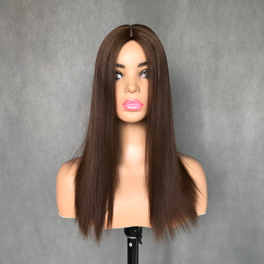 Brown Human Virgin Hair Jewish Wigs Topper Silk Skin Top Sheitel Kosher Hairpiece For Women