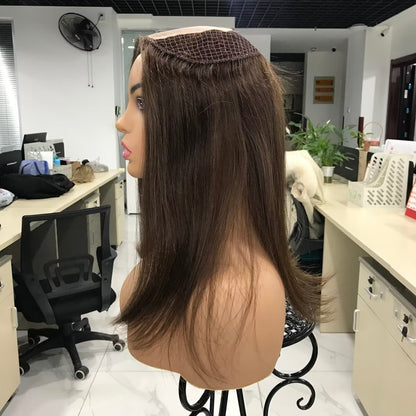 Auspiciouswig Human Hair Topper Dark Brown Color Fishnet Silk Base Hairpiece Microlines Hairsystem For Women